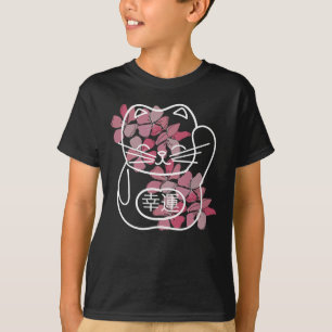 Camiseta Gato de Boa Sorte Japonês com Flores Sakura Rosa