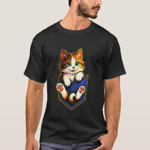 Camiseta Gato de Bolso Adorável com Visual de Jeans Azul