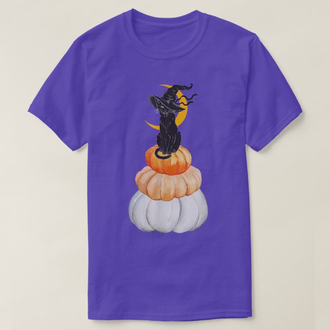 Camiseta Gato De Bruxa Bonita Na Pumpkin Com Lua Atrás Do H (Frente do Design)