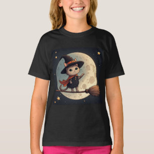 Camiseta Gato de Bruxa Fofo Tema de Céu de Halloween ao Lua