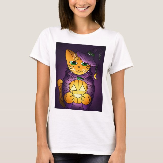 Camiseta Gato de Bruxas de Halloween Roxo (Frente)