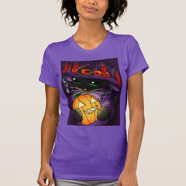 Camiseta Gato de Bruxas Negras de Abóbora Halloween (Frente)