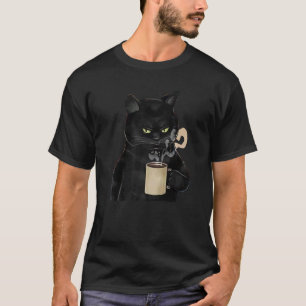Camiseta Gato de Café Fofo Gato Vintage Gráfico Preto Retro