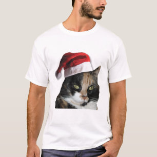 Camiseta Gato de Calico Cinto Vestindo o Chapéu Santa