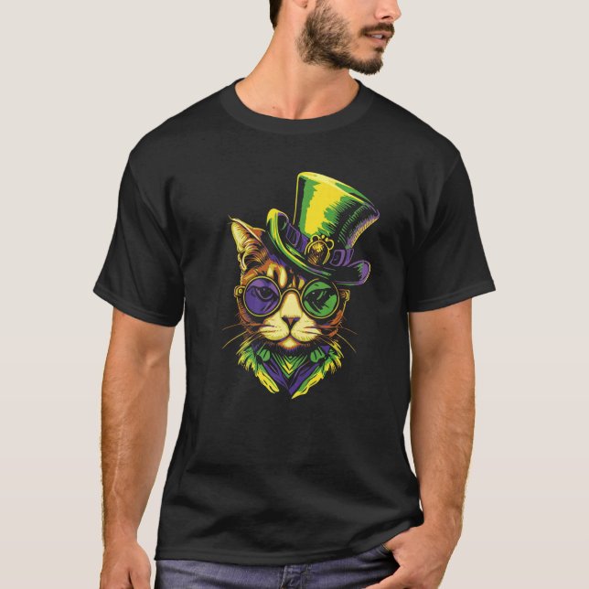 Camiseta Gato de Carnaval Com Óculos de Chapéu (Frente)