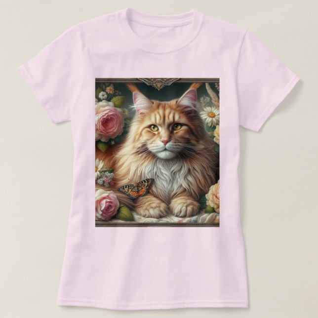 Camiseta Gato de Carneiro de Maine Laranja Vitoriano com Ro (Frente do Design)