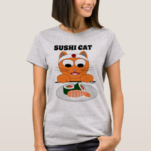 Camiseta Gato de Cartoon com Sushi Engraçado