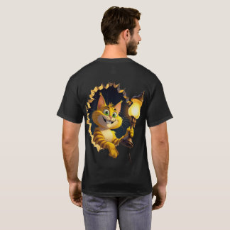 Camiseta Gato de Cartoon Whimsso segurando uma lâmpada atra