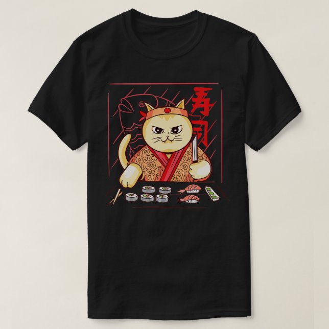 Camiseta Gato de Chef de Sushi (Frente do Design)