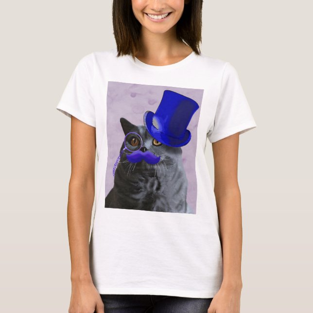 Camiseta Gato de cinza com bigode azul superior e bigode (Frente)