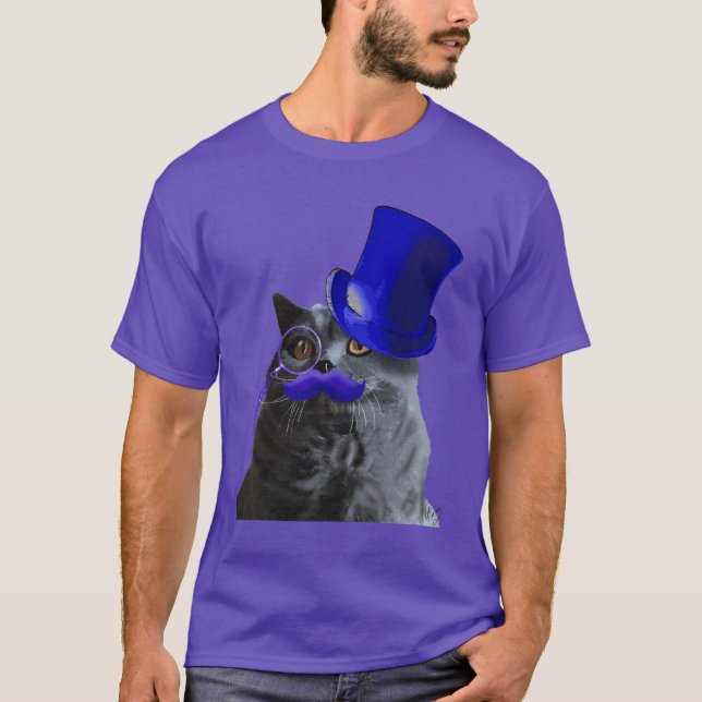 Camiseta Gato de cinza com bigode azul superior e bigode az (Frente)