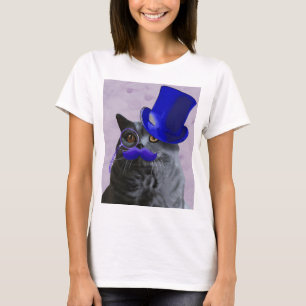 Camiseta Gato de Cinza com chapéu azul e bigode