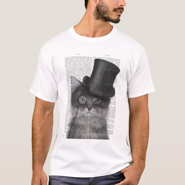 Camiseta Gato de cinza com Chapéu Superior (Frente)