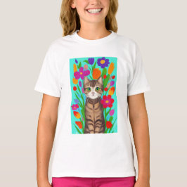 Camiseta Gato de Cinzas Bonitas com Flores Coloridas