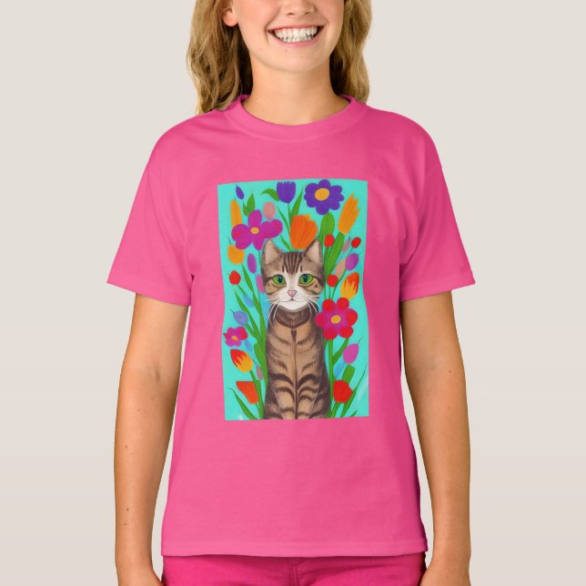 Camiseta Gato de Cinzas Bonitas com Flores Coloridas (Frente)