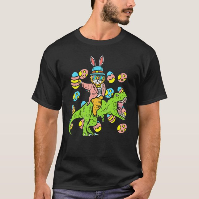 Camiseta Gato De Coelho Da Páscoa Andando Dino Trex Ovo Din (Frente)