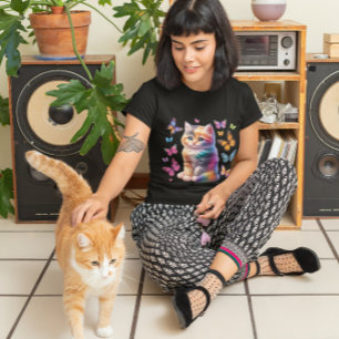 Camiseta Gato de cotovelo bonito e borboletas sublimando
