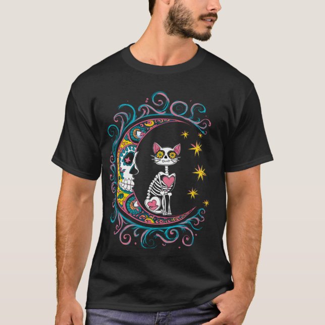 Camiseta Gato de Crânio de Açúcar Lua Halloween (Frente)