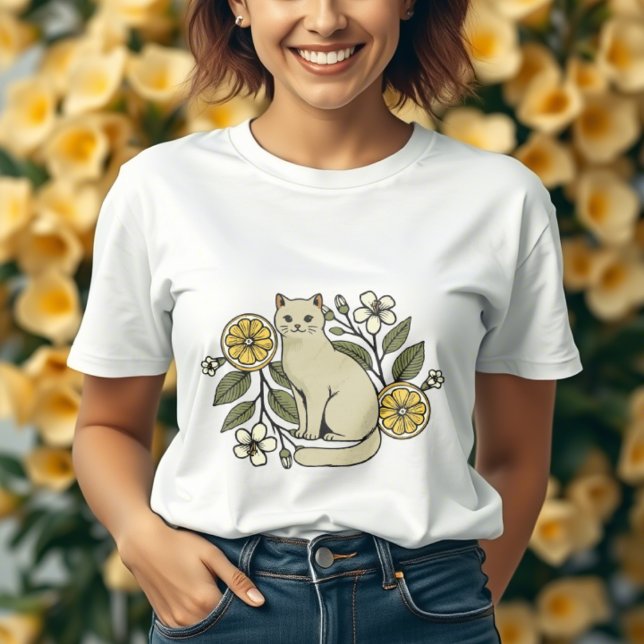 Camiseta Gato de Cuta com fatias de limão e flores botânica (Criador carregado)