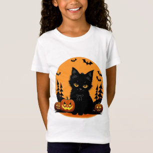 Camiseta Gato de desenho animado e abóboras sob a lua cheia
