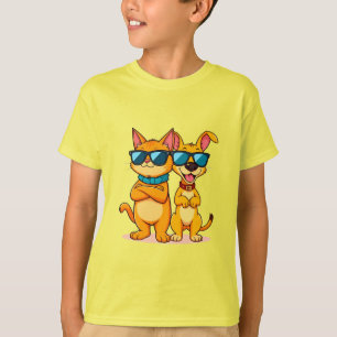 Camiseta Gato de Desenho Animado e Cachorro Usando Óculos d