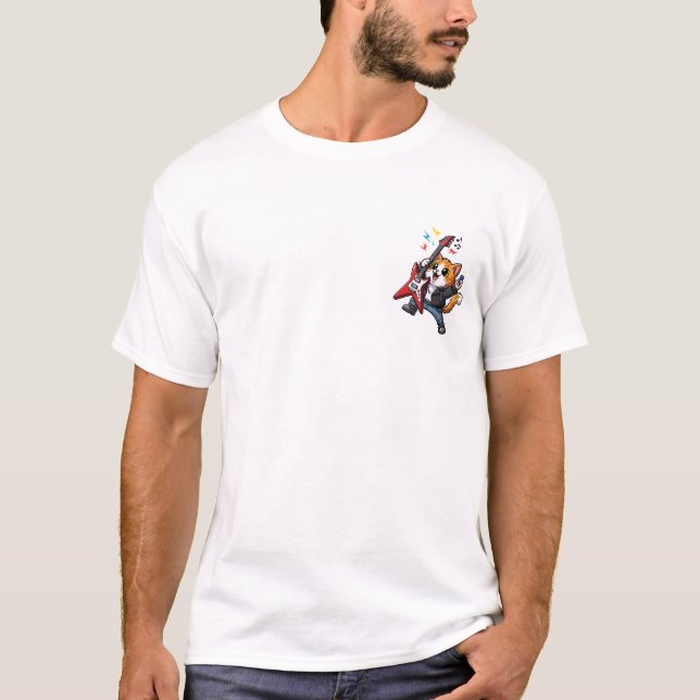 Camiseta Gato de desenho animado fofo de rockstar tocando g (Frente)