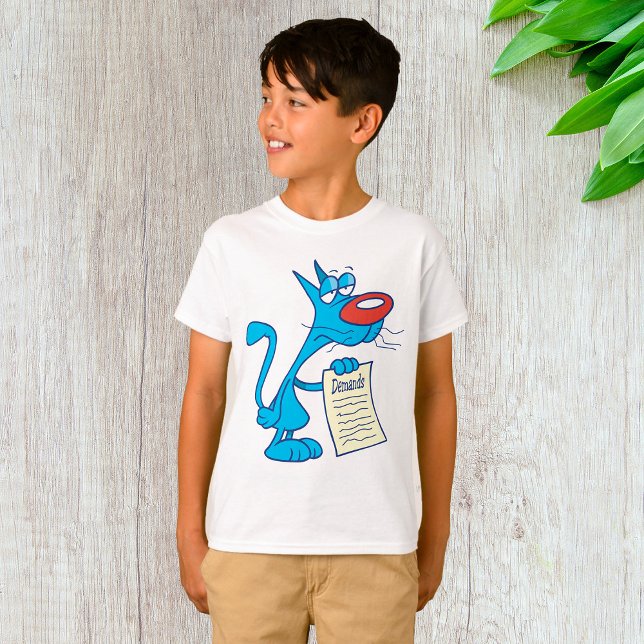 Camiseta Gato de Desenho Azul Mal-Humorado com Lista de Exi (Criador carregado)