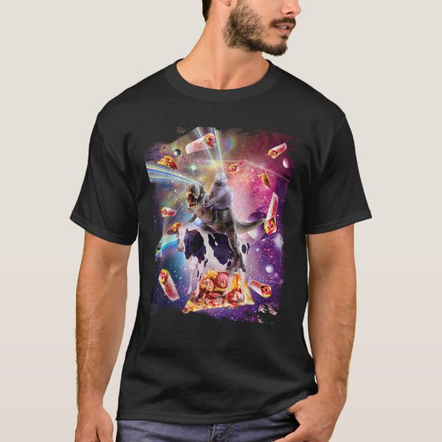 Camiseta Gato de Espaço Olho Laser no Dinossauro Vaca Arco- (Frente)