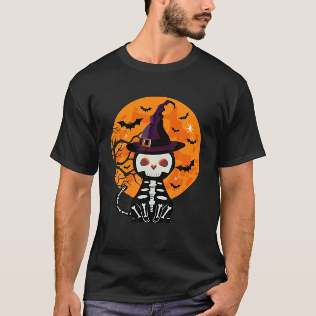 Camiseta Gato de Esqueleto de Halloween (Frente)
