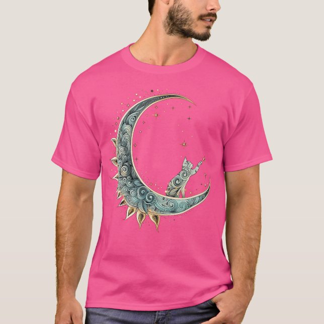 Camiseta Gato De Estética Mística Sentado Em Lua Crescente  (Frente)