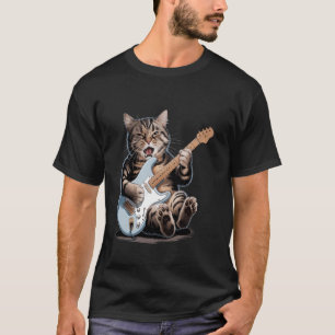 Camiseta Gato de Estrela de Rock Engraçado Tocando Guitarra