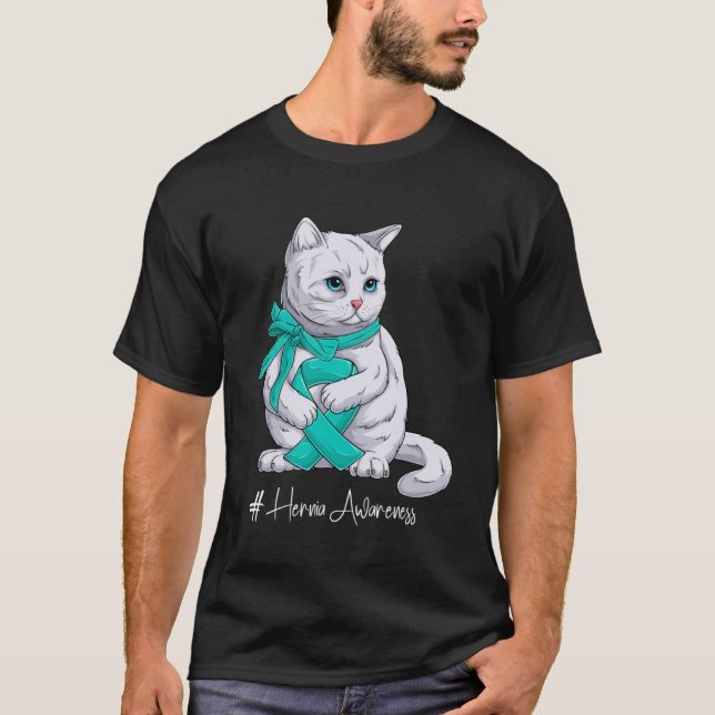 Camiseta Gato de Fita Teal Mês de Consciência Hérnia (Frente)