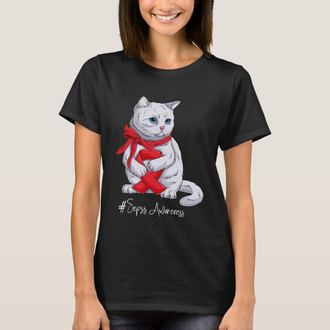 Camiseta Gato de Fita Vermelha do Mês de Consciência Sepsis (Frente)