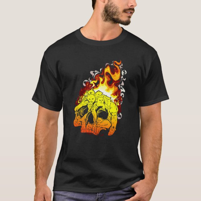 Camiseta Gato de Fogo Cabeça Queimando Caveira Cabeça Osso  (Frente)