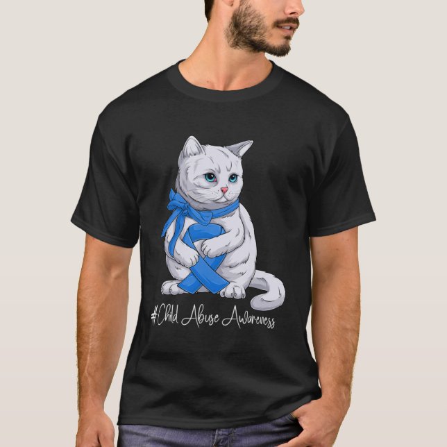 Camiseta Gato de Friso Azul Mês de Consciência do Abuso Inf (Frente)