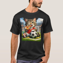 Camiseta Gato de Futebol Engraçado Comendo Pizza Desenho An