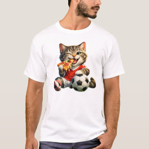 Camiseta Gato de Futebol Engraçado Comendo Pizza Desenho de