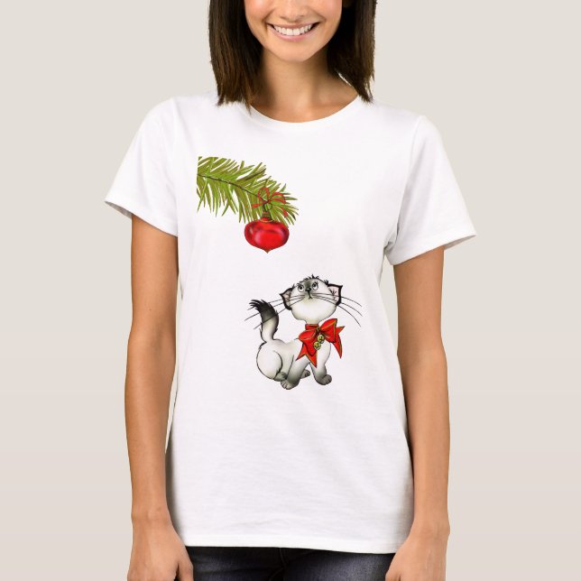 Camiseta Gato De Gatinha Brincante Em Um Arco De Natal Verm (Frente)