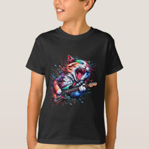 Camiseta Gato de Gatinha tocando violão Gato de rock Heavy