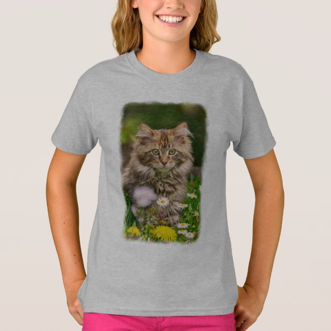 Camiseta Gato de Gatinho de Maine e Casinha em Prado Flor - (Frente)