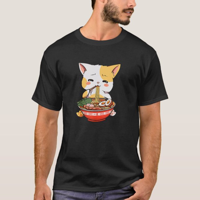Camiseta Gato de Gato de Animo Kawaii Comendo Ramen Japonês (Frente)