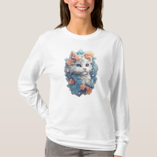 Camiseta Gato de Gato de Gato Floral Branco Bonito