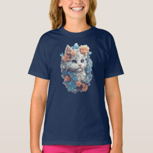 Camiseta Gato de Gato de Gato Floral Branco Bonito