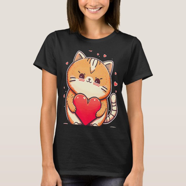 Camiseta Gato de Gato-dia de os namorados com Coração (Frente)