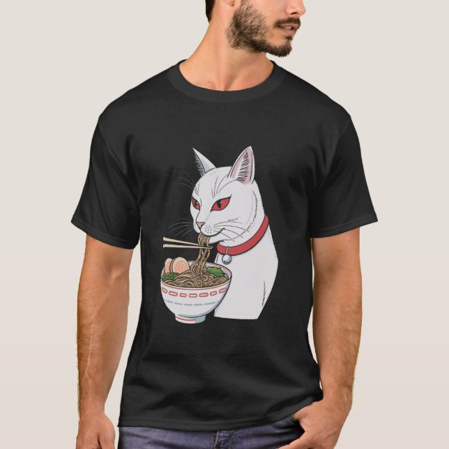 Camiseta Gato de Gato Preto Cinto Ramen Japonês (Frente)