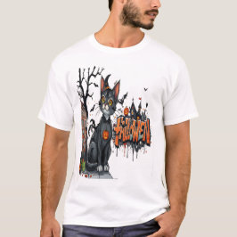 Camiseta gato de halloween arte de horror grafite