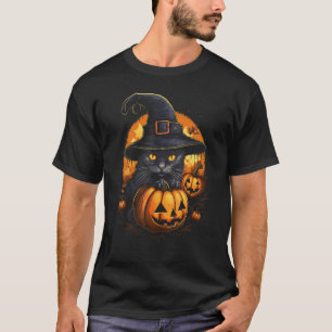 Camiseta Gato de Halloween Bruxa Chapéu Abóbora Assustador