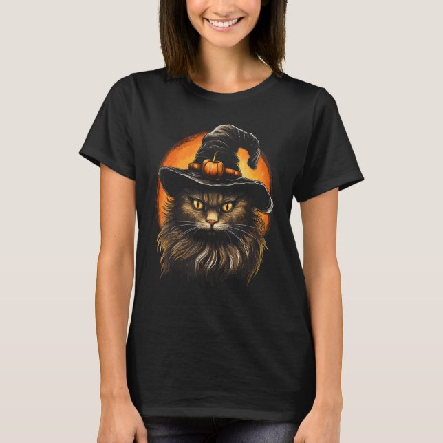 Camiseta Gato de Halloween Chapéu de Bruxa Abóbora Lua Vibr (Frente)