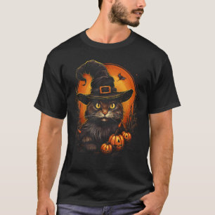 Camiseta Gato de Halloween Chapéu de Bruxa Assustador Fofin