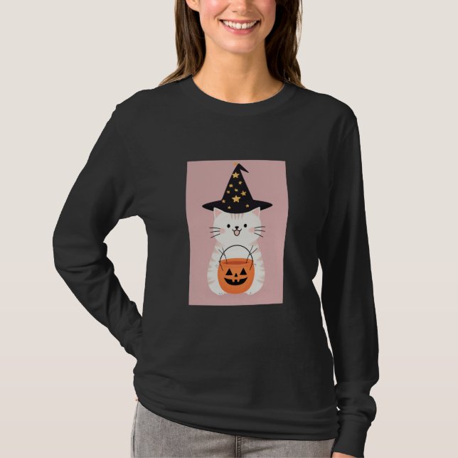 Camiseta Gato de Halloween de Kawaii bonito com Chapéu de B (Frente)